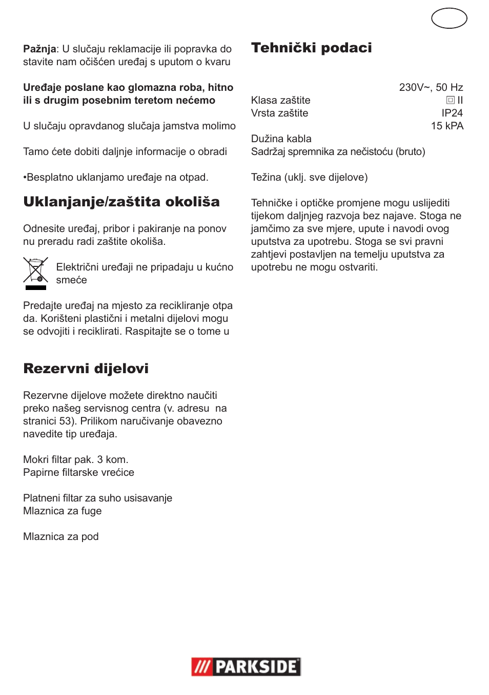 Uklanjanje/zaštita okoliša, Rezervni dijelovi, Tehnički podaci | Parkside PNTS 1300 User Manual | Page 43 / 54