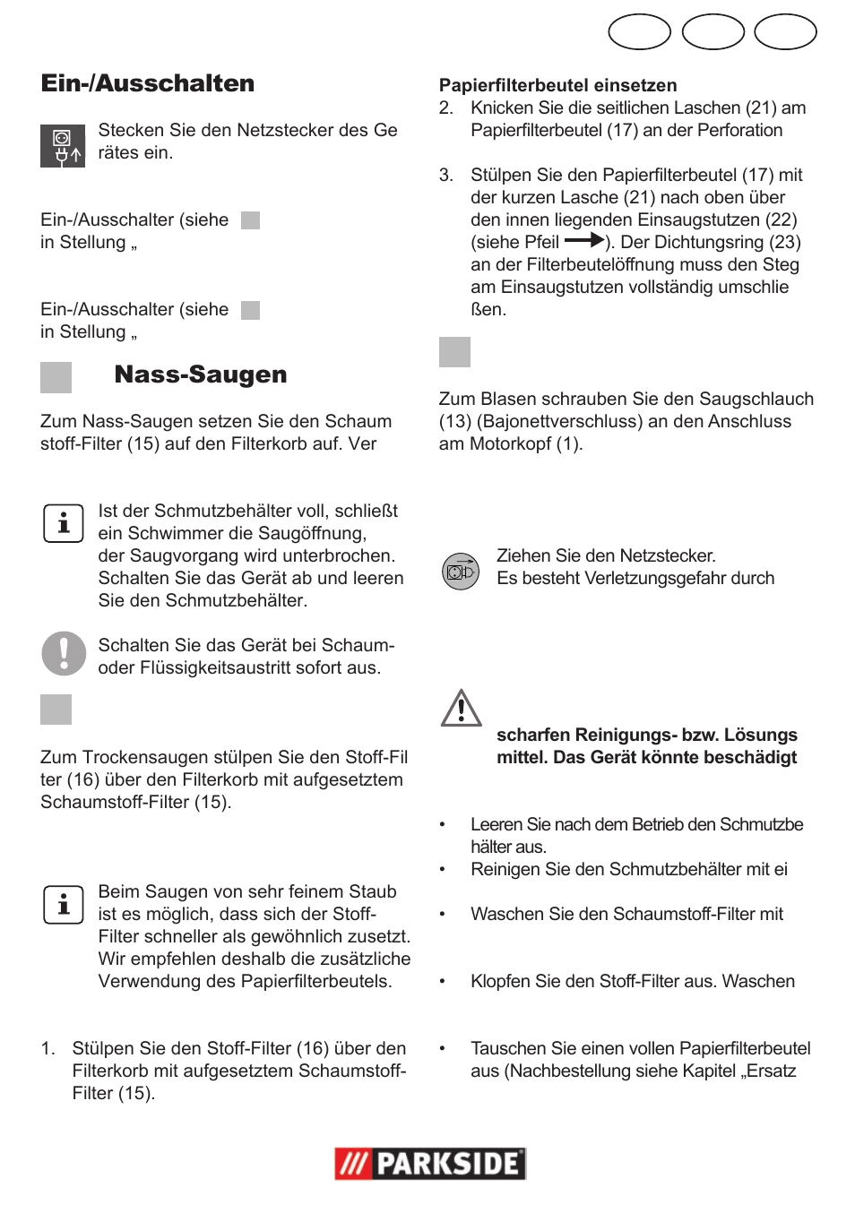 Ch at de, Ein-/ausschalten, Nass-saugen | Trockensaugen, Blasen, Reinigung/wartung/ aufbewahrung | Parkside PNTS 1300 User Manual | Page 47 / 54