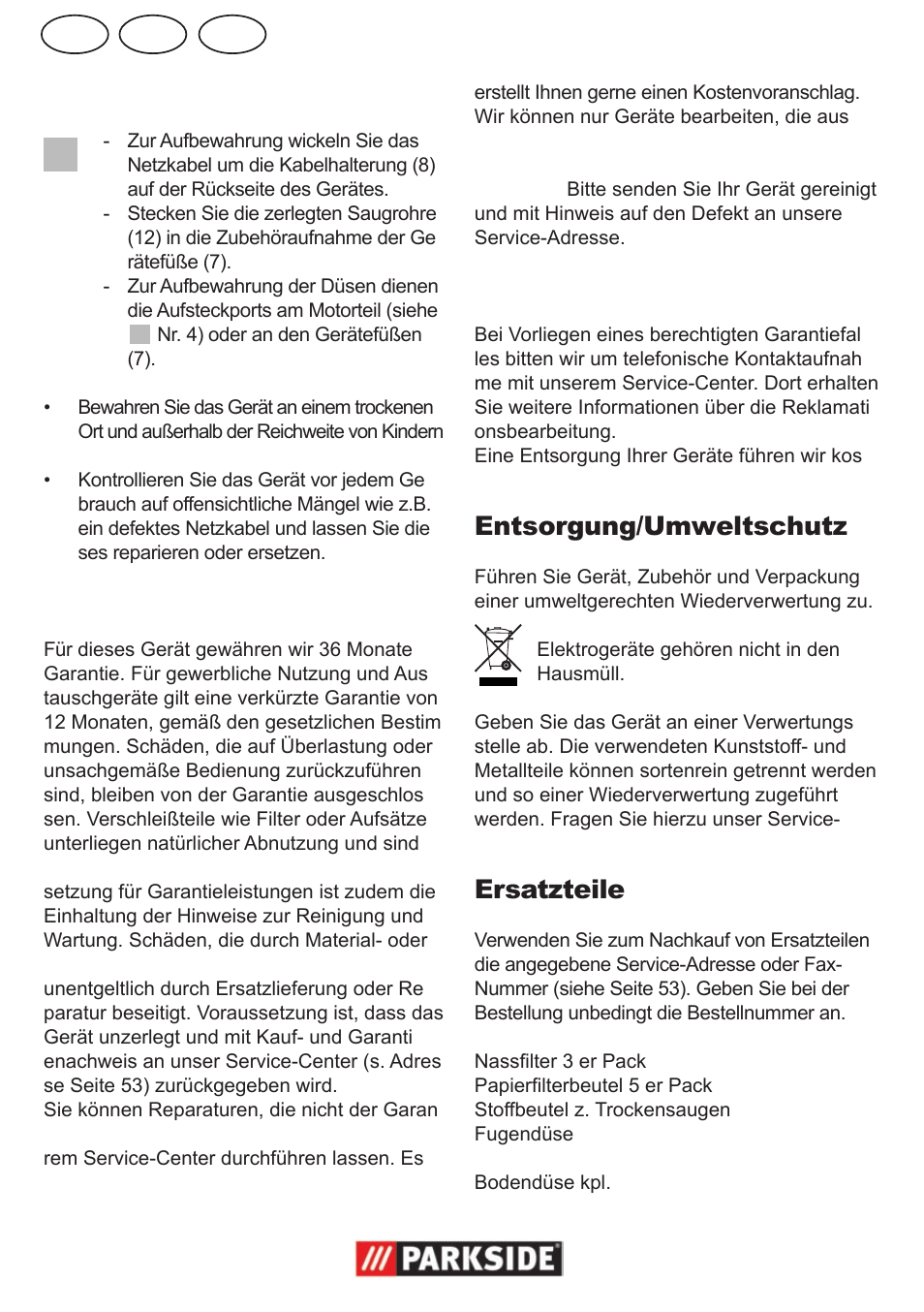 De at ch, Garantie, Entsorgung/umweltschutz | Ersatzteile | Parkside PNTS 1300 User Manual | Page 48 / 54