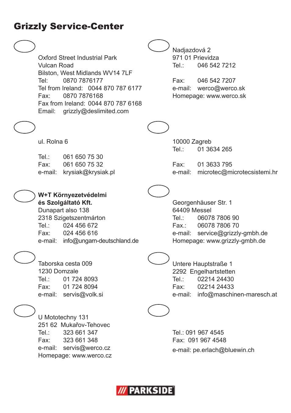 Grizzly service-center, Cz gb si pl hu, At de hr sk ch | Parkside PNTS 1300 User Manual | Page 53 / 54