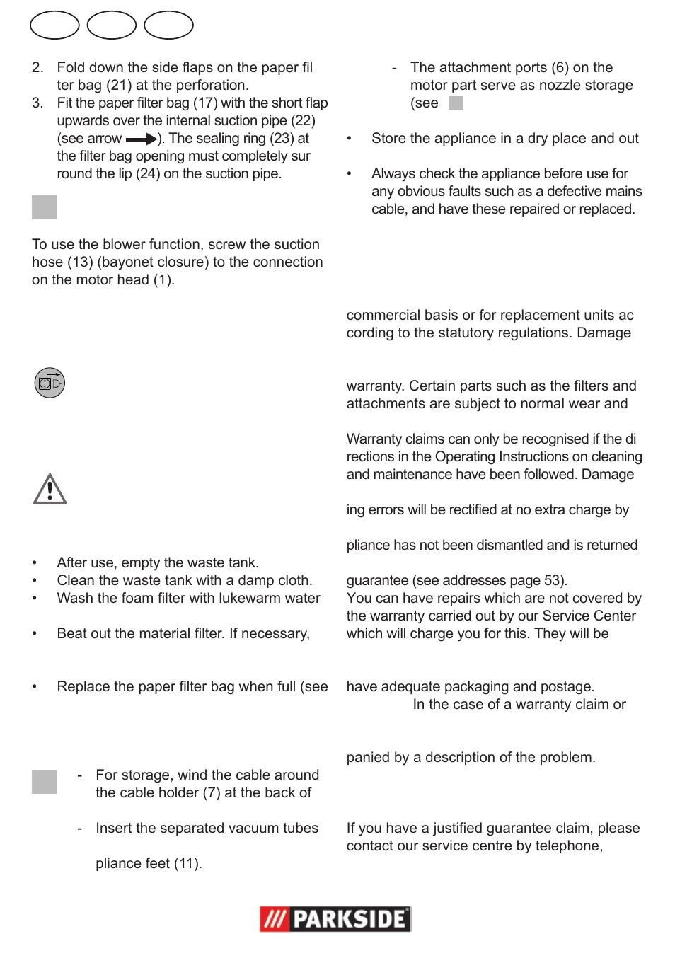 Gb ie cy, Blowing, Cleaning/maintenance/ storage | Warranty | Parkside PNTS 1300 User Manual | Page 8 / 54