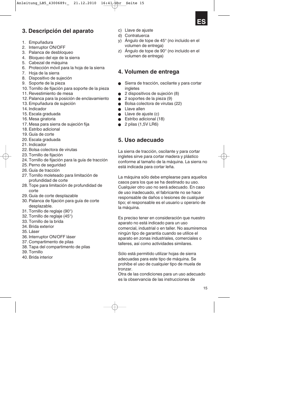 Descripción del aparato, Volumen de entrega, Uso adecuado | Parkside PKS 1700 A1 User Manual | Page 15 / 92
