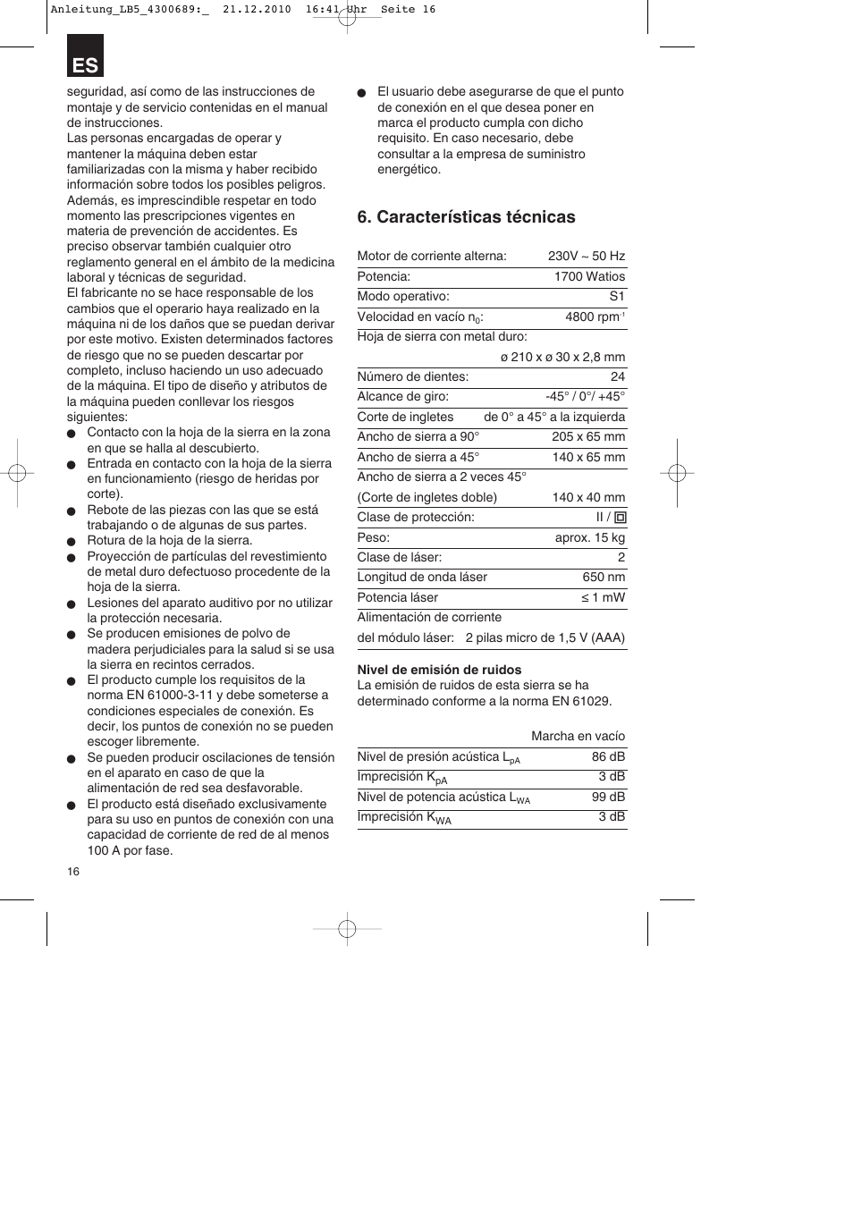 Características técnicas | Parkside PKS 1700 A1 User Manual | Page 16 / 92