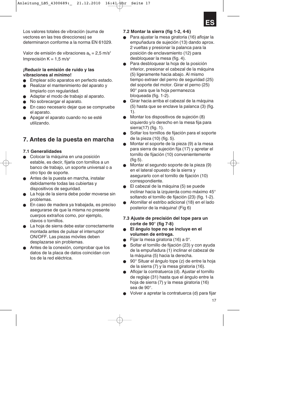 Antes de la puesta en marcha | Parkside PKS 1700 A1 User Manual | Page 17 / 92