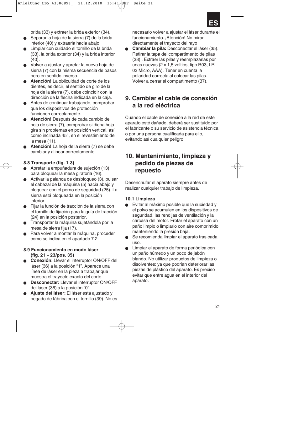 Cambiar el cable de conexión a la red eléctrica | Parkside PKS 1700 A1 User Manual | Page 21 / 92