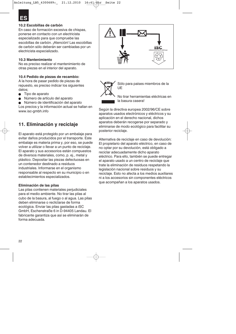 Eliminación y reciclaje | Parkside PKS 1700 A1 User Manual | Page 22 / 92