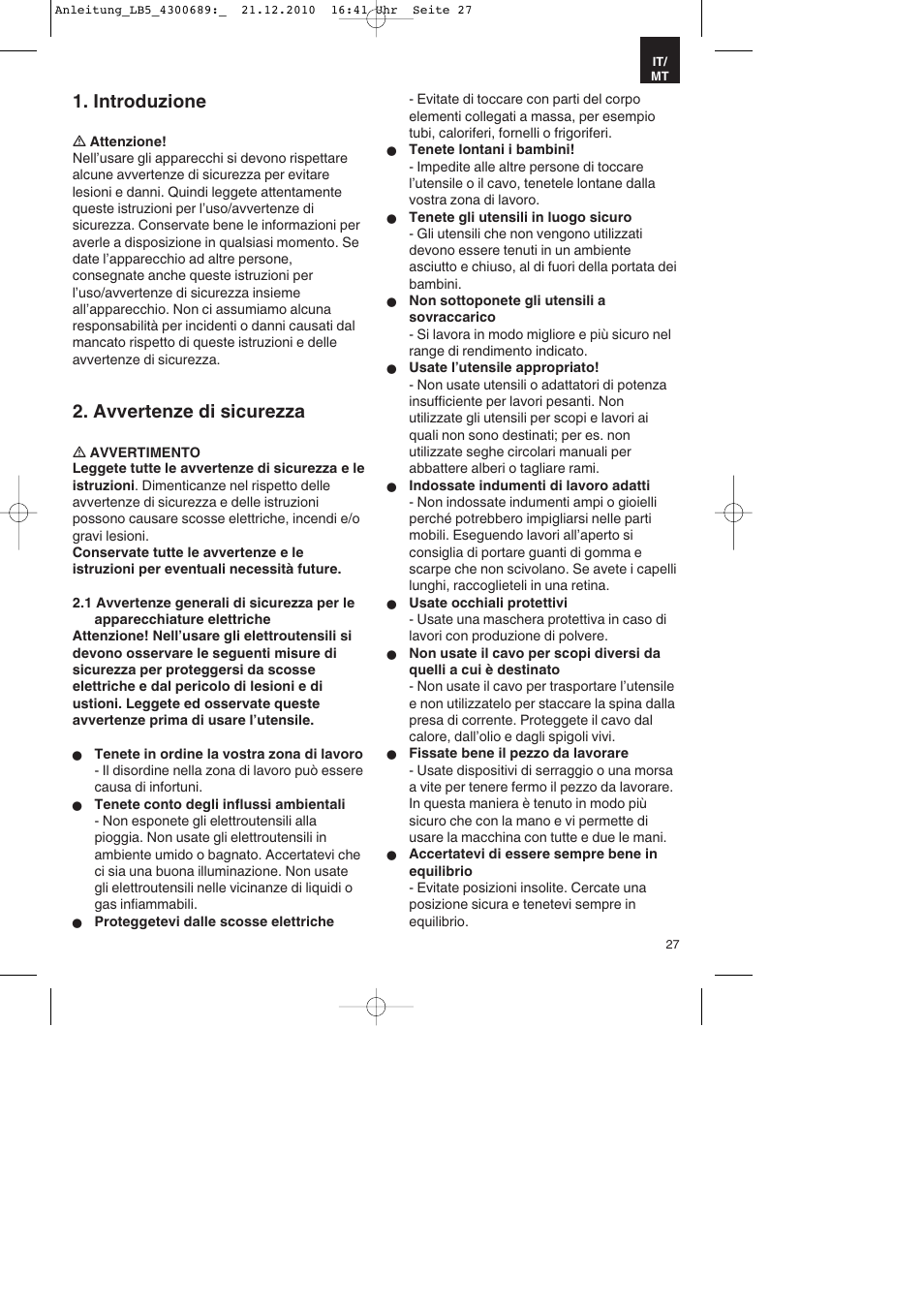 Introduzione, Avvertenze di sicurezza | Parkside PKS 1700 A1 User Manual | Page 27 / 92