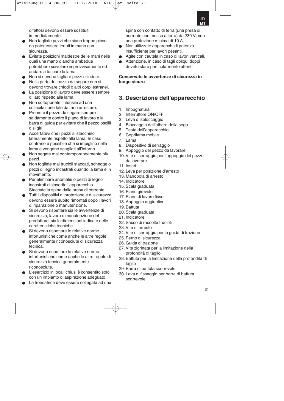 Descrizione dell’apparecchio | Parkside PKS 1700 A1 User Manual | Page 31 / 92