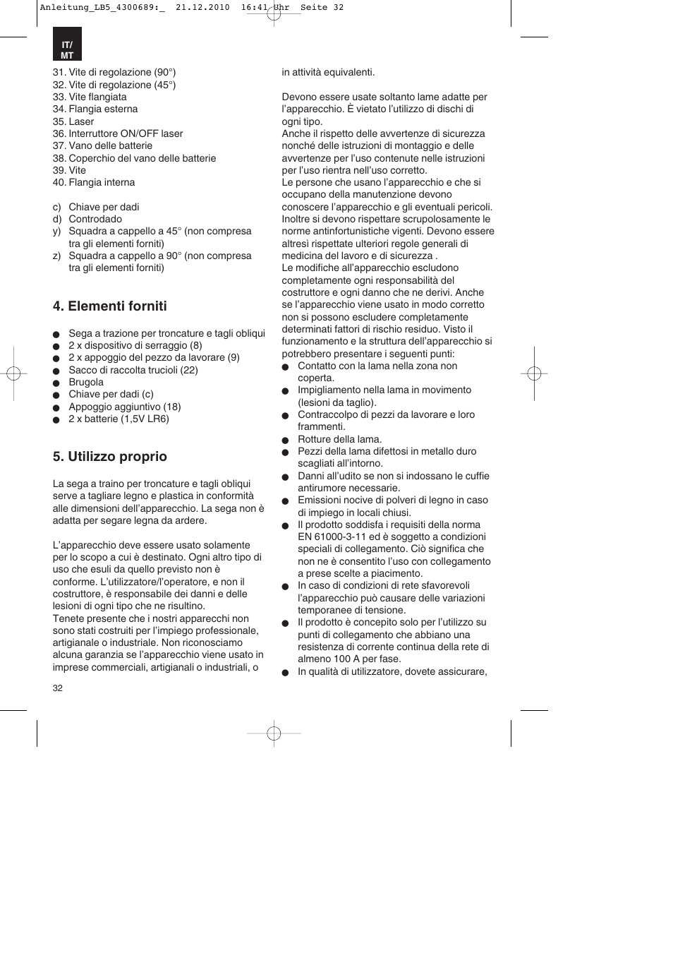 Elementi forniti, Utilizzo proprio | Parkside PKS 1700 A1 User Manual | Page 32 / 92