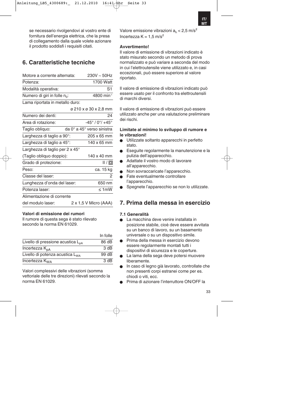 Caratteristiche tecniche, Prima della messa in esercizio | Parkside PKS 1700 A1 User Manual | Page 33 / 92