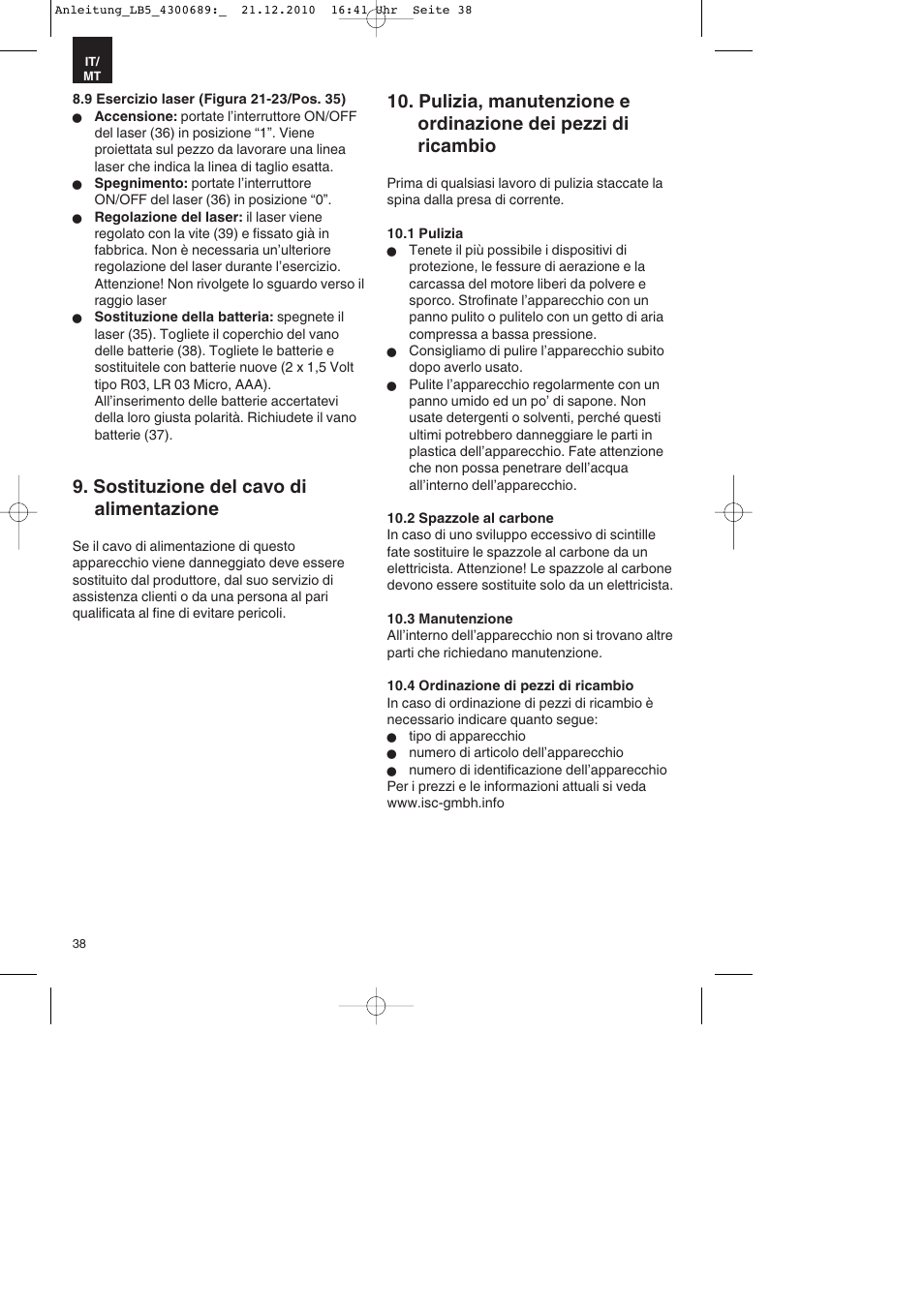 Sostituzione del cavo di alimentazione | Parkside PKS 1700 A1 User Manual | Page 38 / 92
