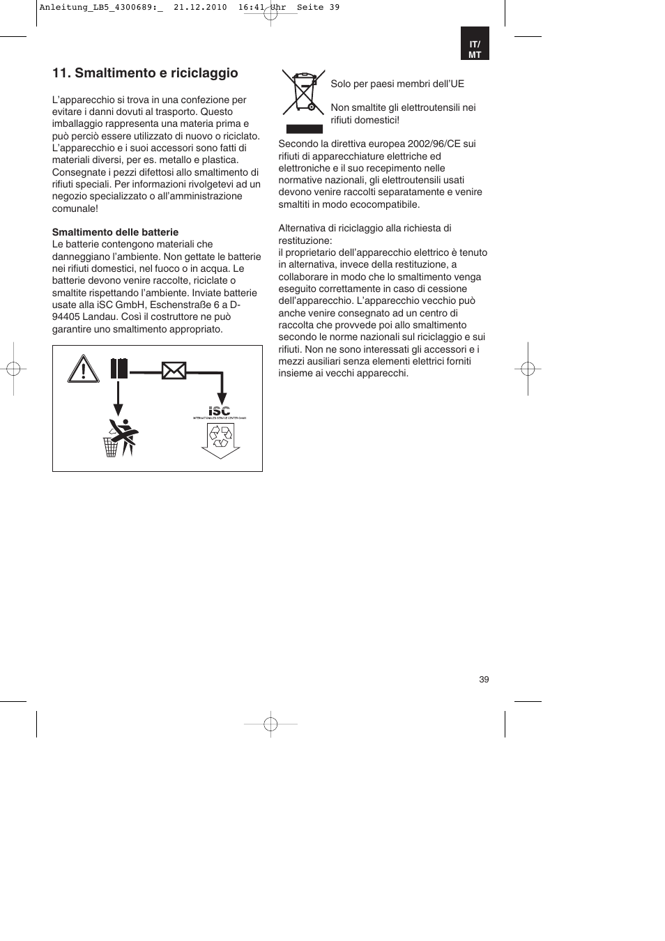 Smaltimento e riciclaggio | Parkside PKS 1700 A1 User Manual | Page 39 / 92