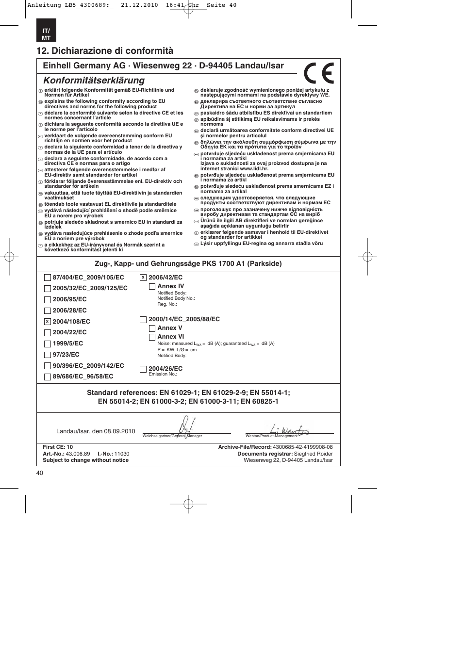 Dichiarazione di conformità, Konformitätserklärung | Parkside PKS 1700 A1 User Manual | Page 40 / 92