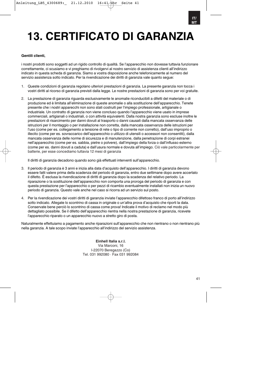 Certificato di garanzia | Parkside PKS 1700 A1 User Manual | Page 41 / 92