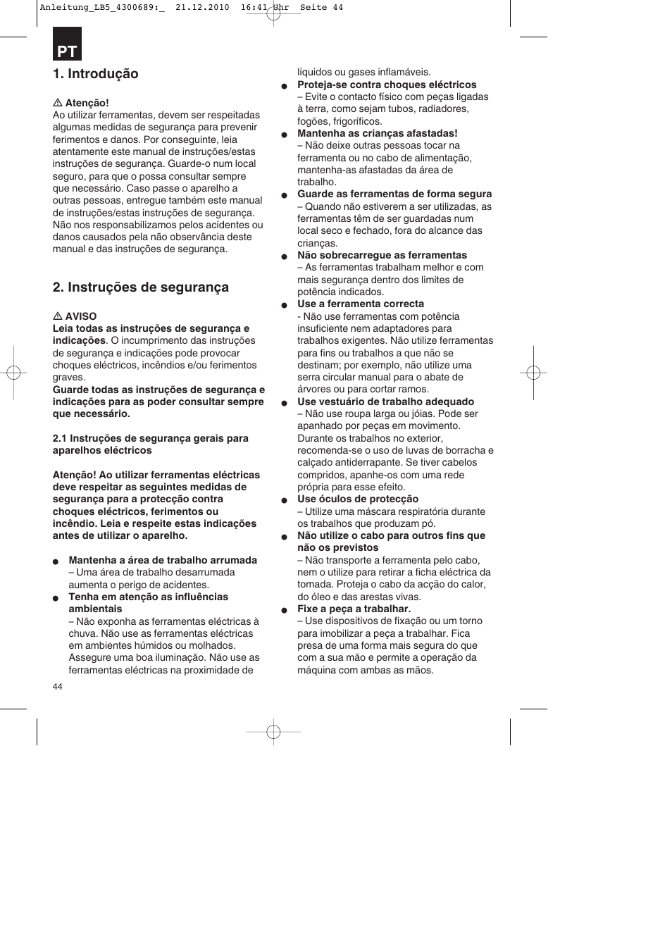 Introdução, Instruções de segurança | Parkside PKS 1700 A1 User Manual | Page 44 / 92