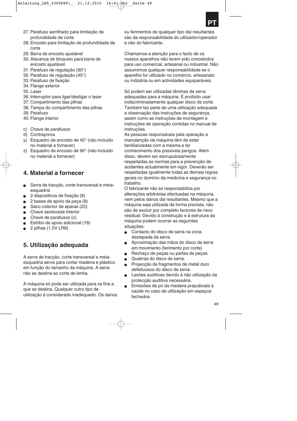 Material a fornecer, Utilização adequada | Parkside PKS 1700 A1 User Manual | Page 49 / 92