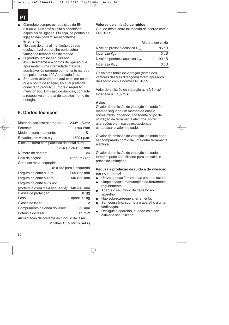 Dados técnicos | Parkside PKS 1700 A1 User Manual | Page 50 / 92