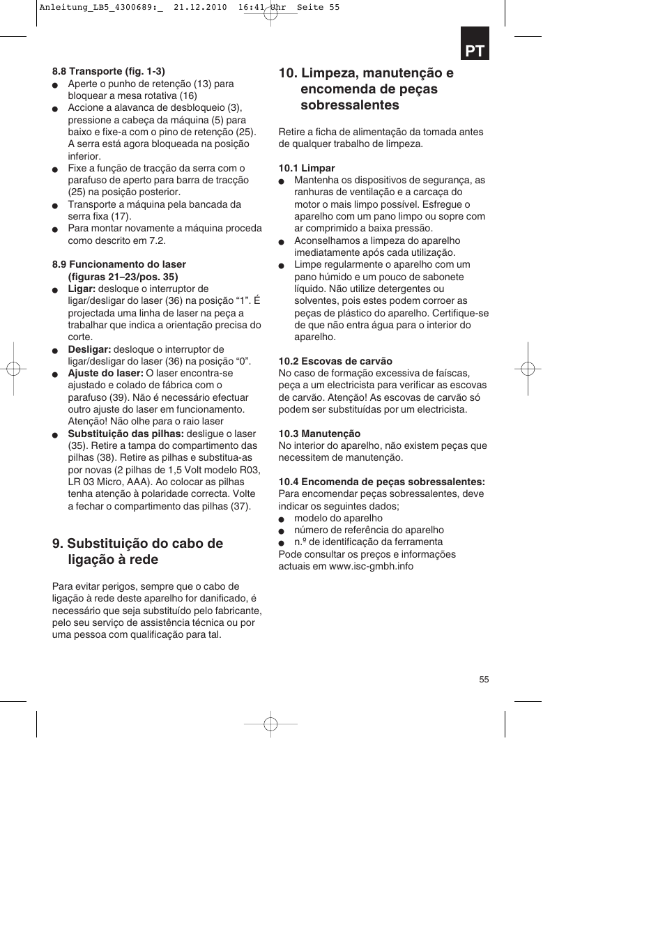 Substituição do cabo de ligação à rede | Parkside PKS 1700 A1 User Manual | Page 55 / 92