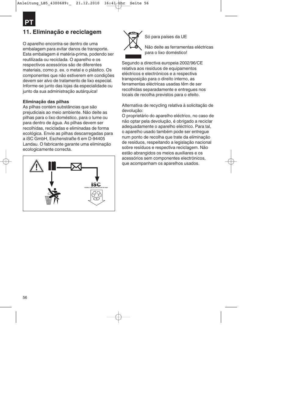 Eliminação e reciclagem | Parkside PKS 1700 A1 User Manual | Page 56 / 92
