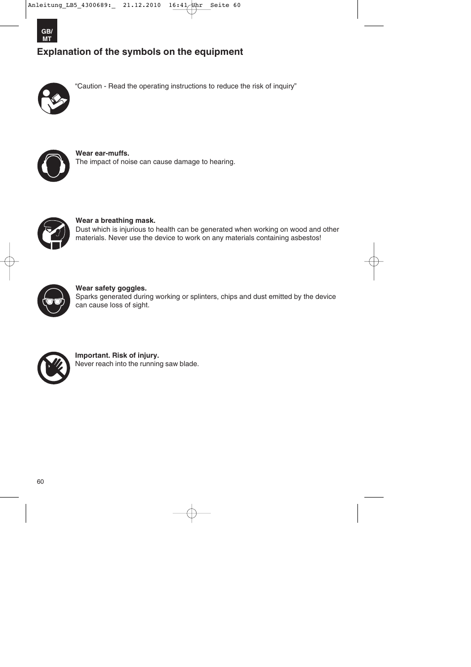 Explanation of the symbols on the equipment | Parkside PKS 1700 A1 User Manual | Page 60 / 92