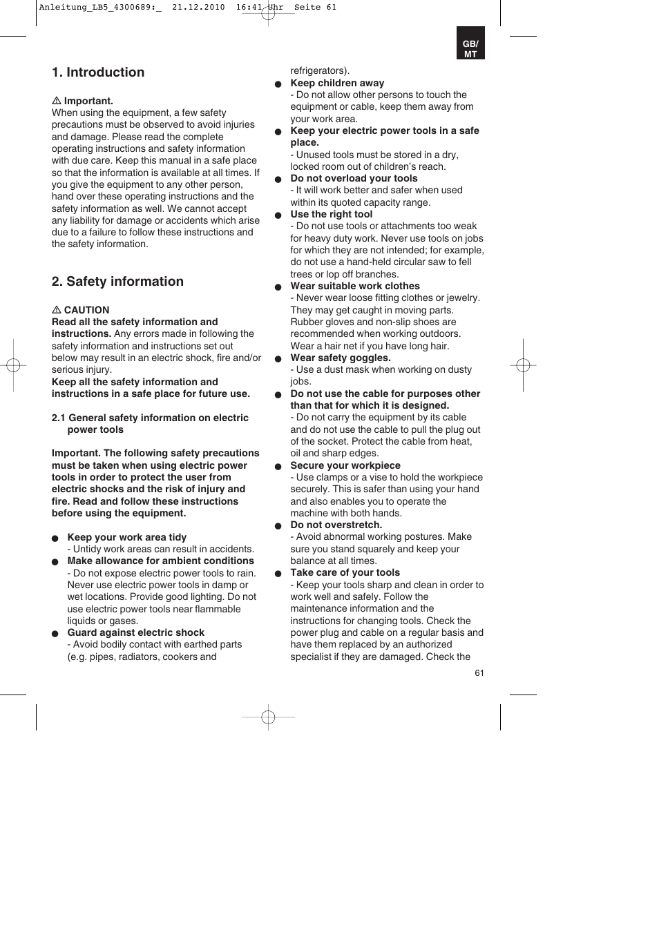 Introduction, Safety information | Parkside PKS 1700 A1 User Manual | Page 61 / 92