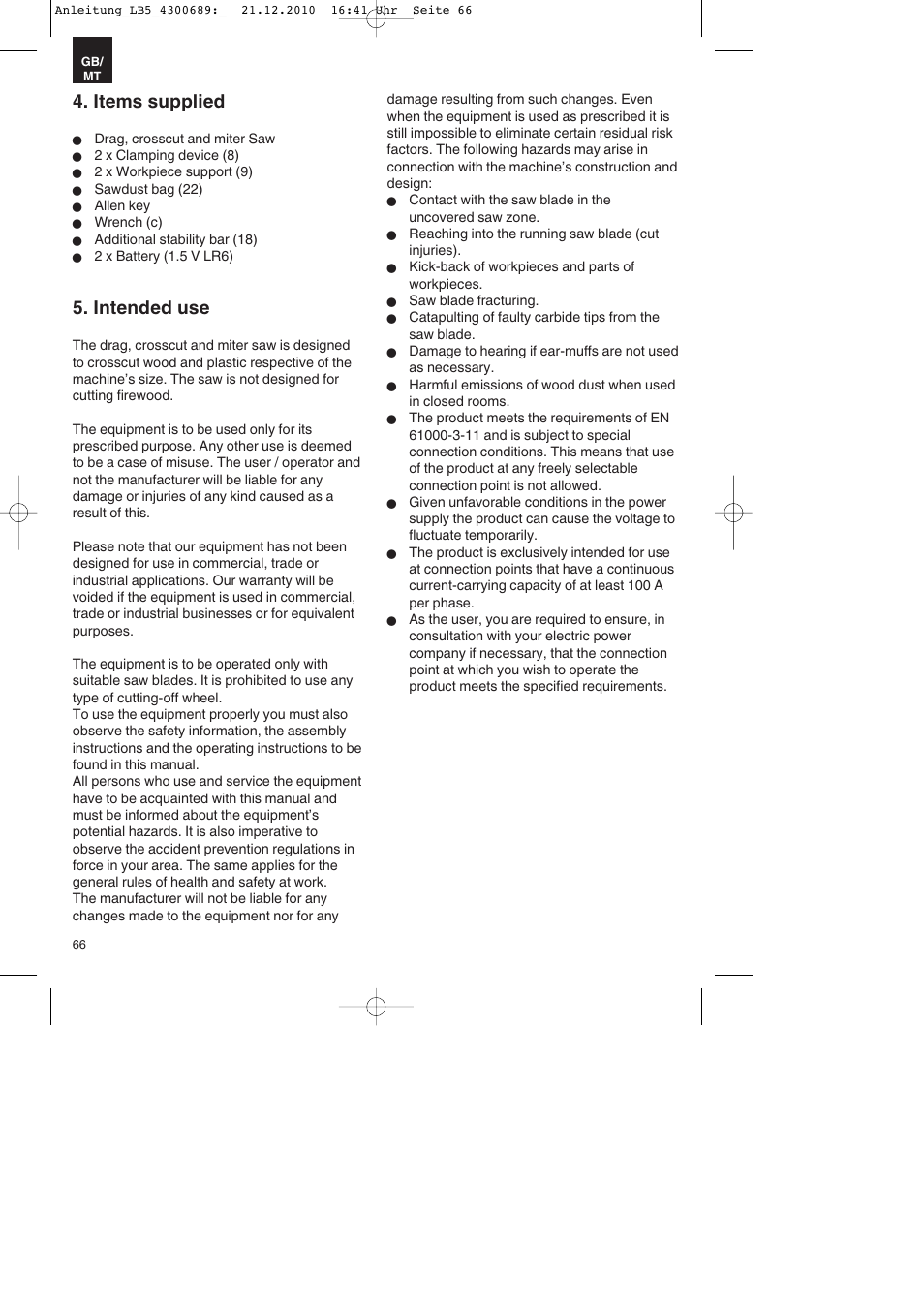 Items supplied, Intended use | Parkside PKS 1700 A1 User Manual | Page 66 / 92