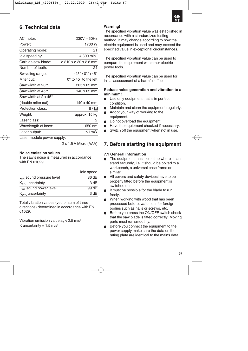 Technical data, Before starting the equipment | Parkside PKS 1700 A1 User Manual | Page 67 / 92