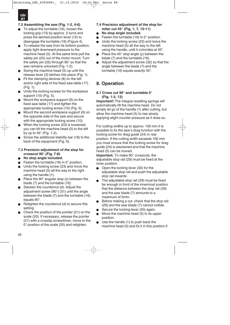 Operation | Parkside PKS 1700 A1 User Manual | Page 68 / 92