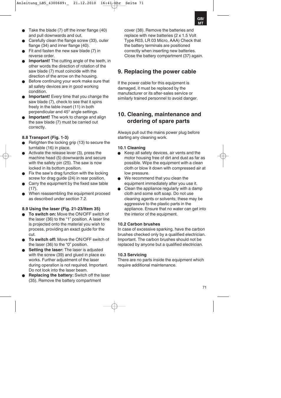 Replacing the power cable, Cleaning, maintenance and ordering of spare parts | Parkside PKS 1700 A1 User Manual | Page 71 / 92