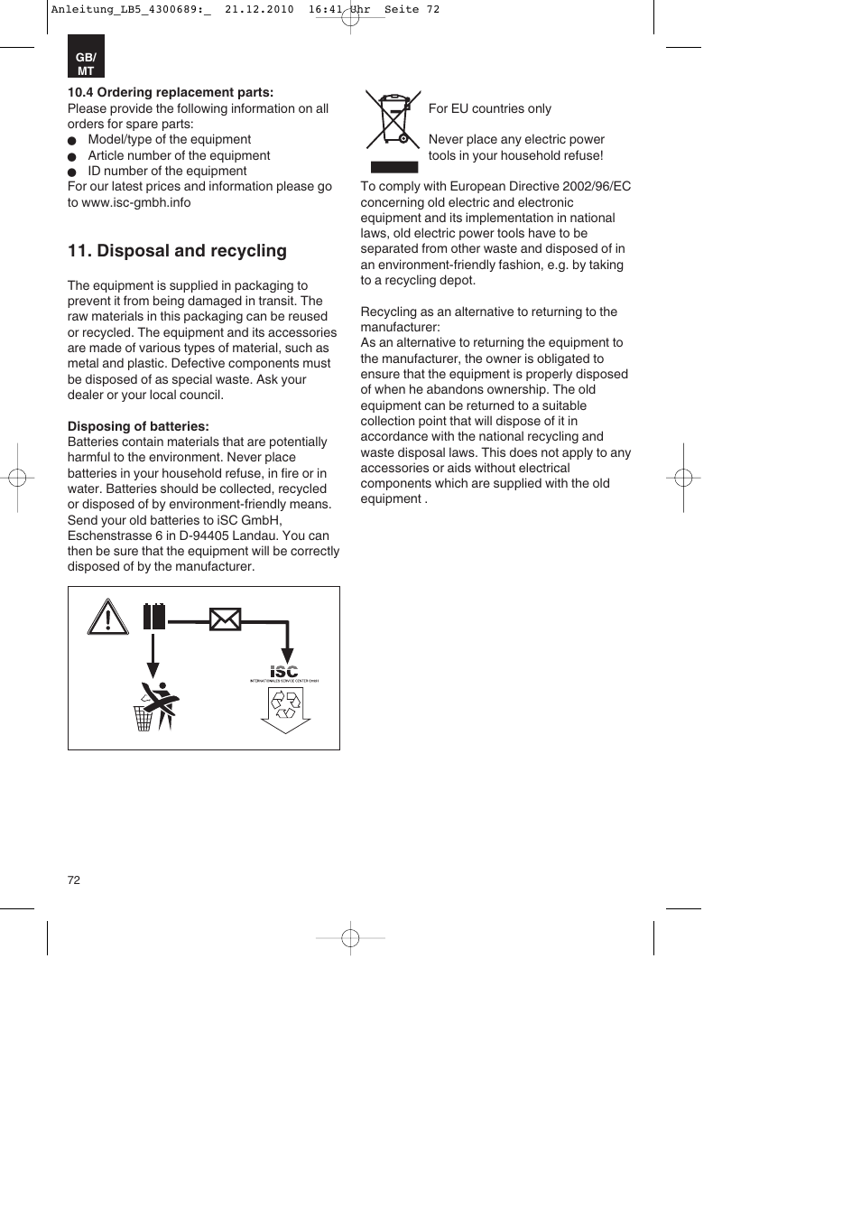 Disposal and recycling | Parkside PKS 1700 A1 User Manual | Page 72 / 92