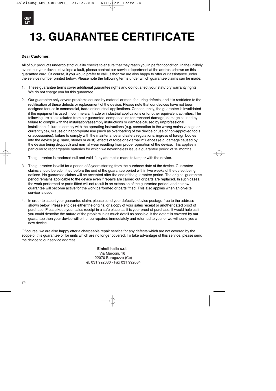 Guarantee certificate | Parkside PKS 1700 A1 User Manual | Page 74 / 92