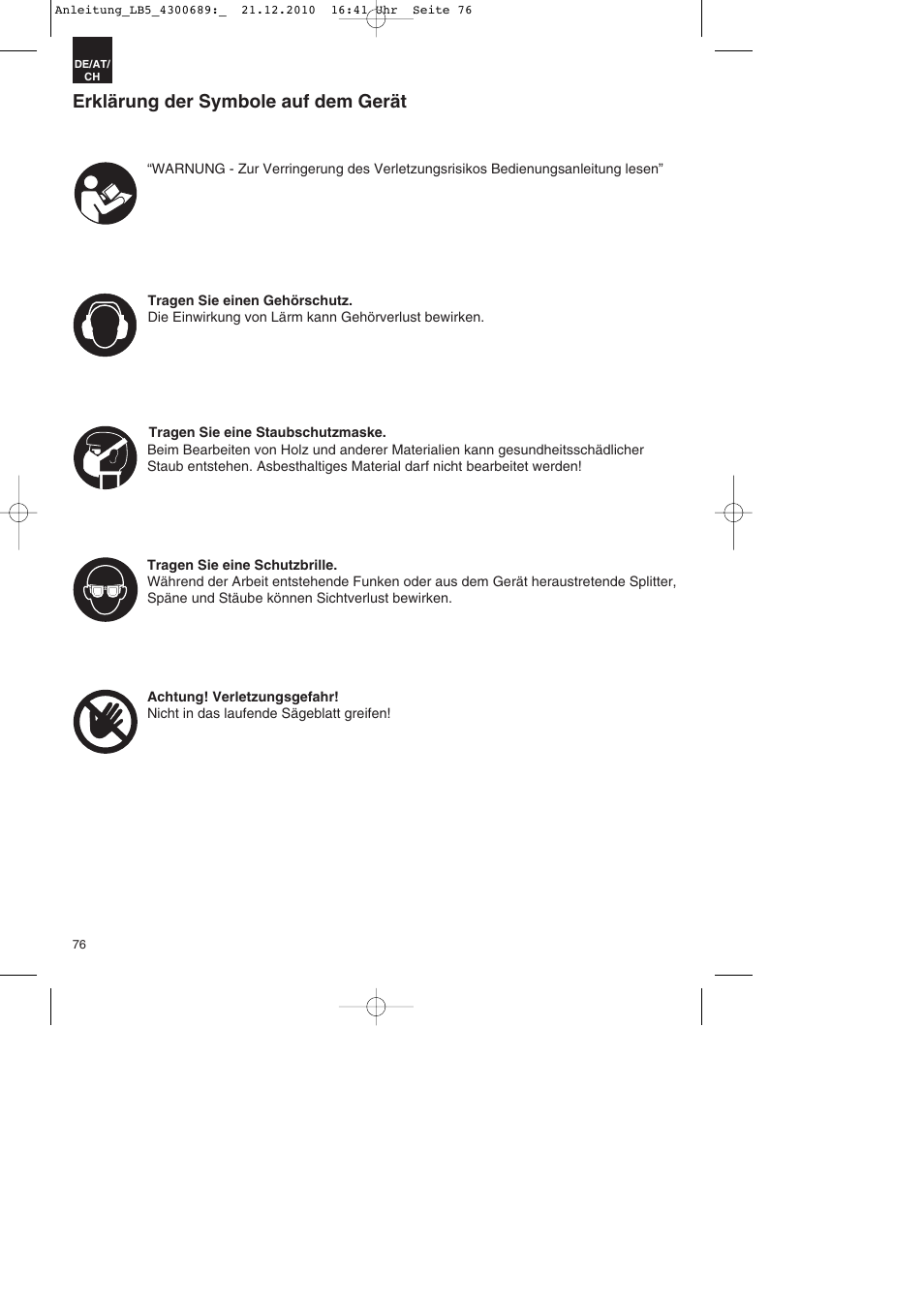 Erklärung der symbole auf dem gerät | Parkside PKS 1700 A1 User Manual | Page 76 / 92