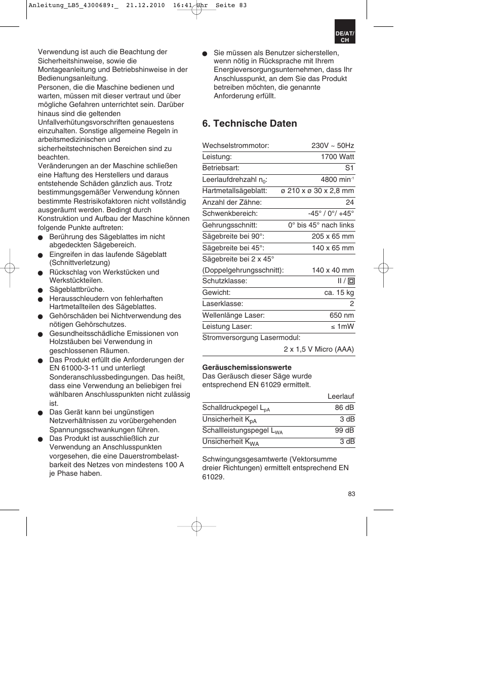 Technische daten | Parkside PKS 1700 A1 User Manual | Page 83 / 92