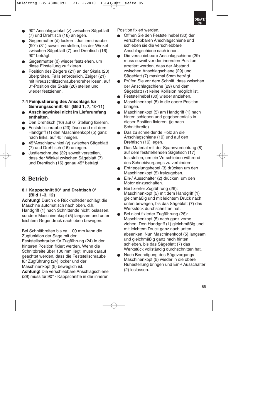 Betrieb | Parkside PKS 1700 A1 User Manual | Page 85 / 92