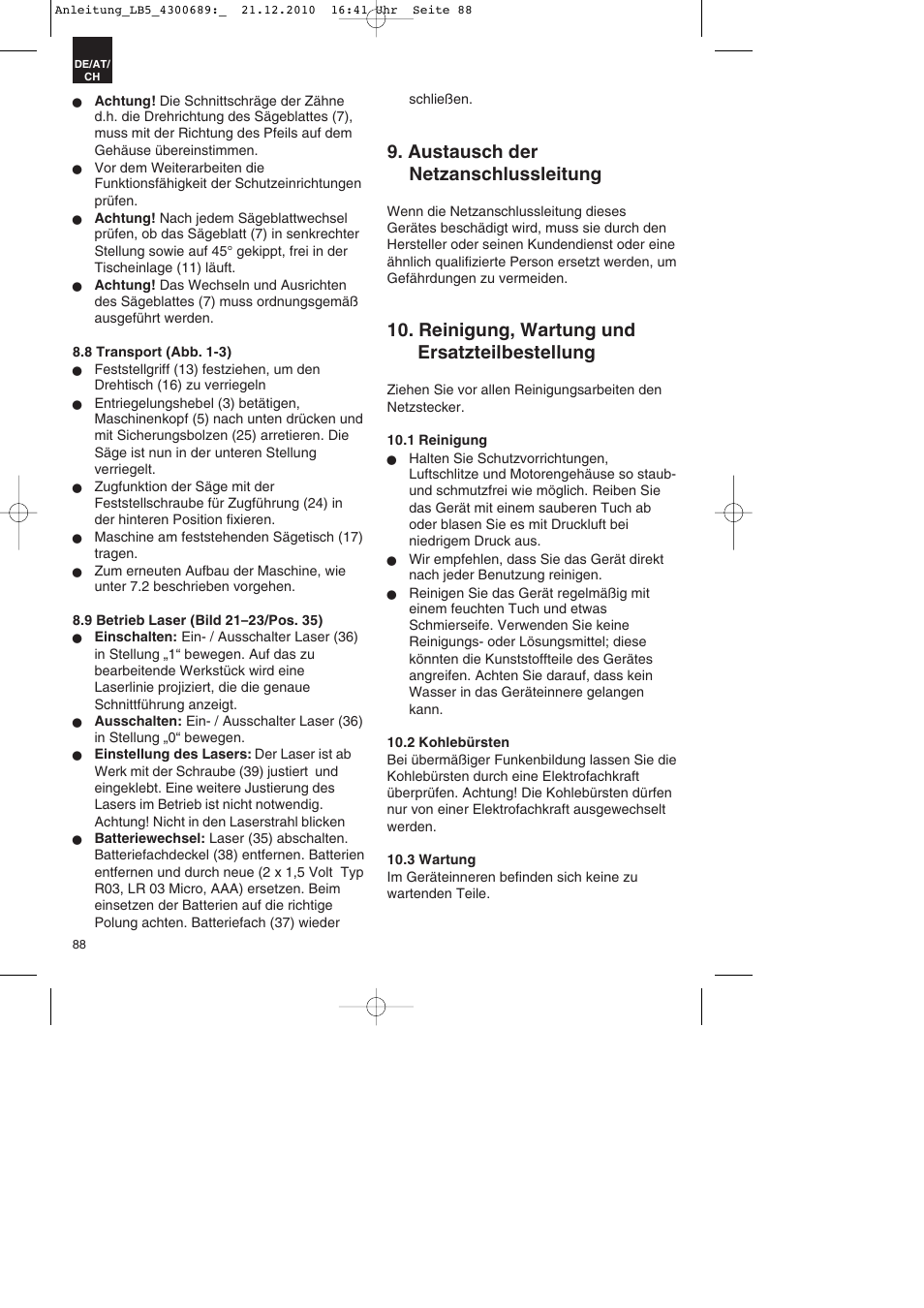 Austausch der netzanschlussleitung, Reinigung, wartung und ersatzteilbestellung | Parkside PKS 1700 A1 User Manual | Page 88 / 92