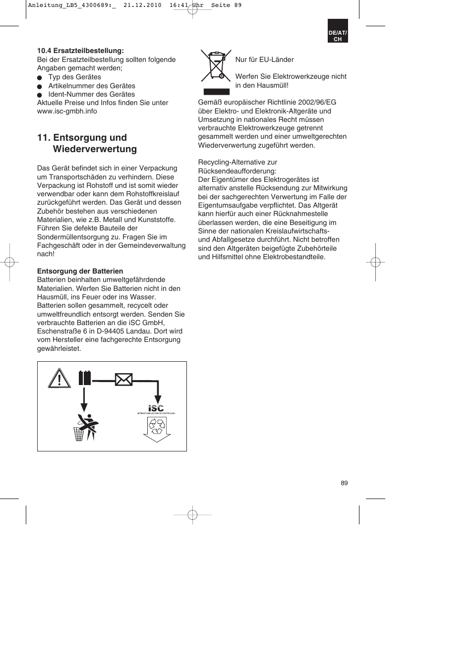 Entsorgung und wiederverwertung | Parkside PKS 1700 A1 User Manual | Page 89 / 92