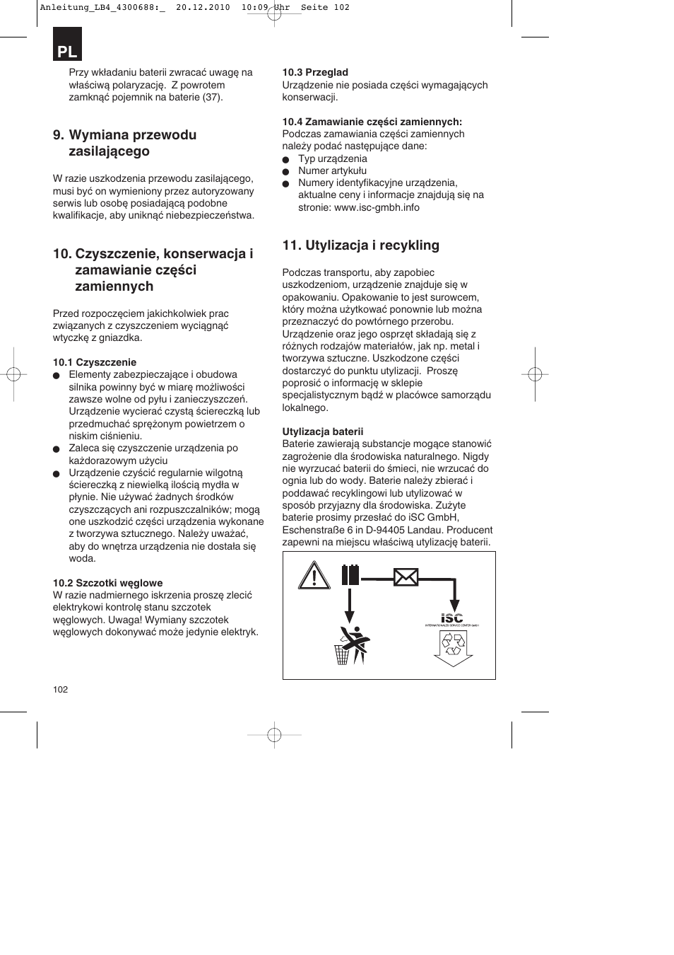 Wymiana przewodu zasilającego, Utylizacja i recykling | Parkside PKS 1700 A1 User Manual | Page 102 / 124