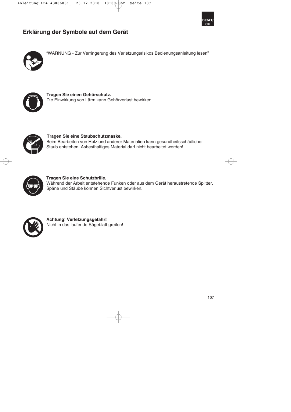 Erklärung der symbole auf dem gerät | Parkside PKS 1700 A1 User Manual | Page 107 / 124