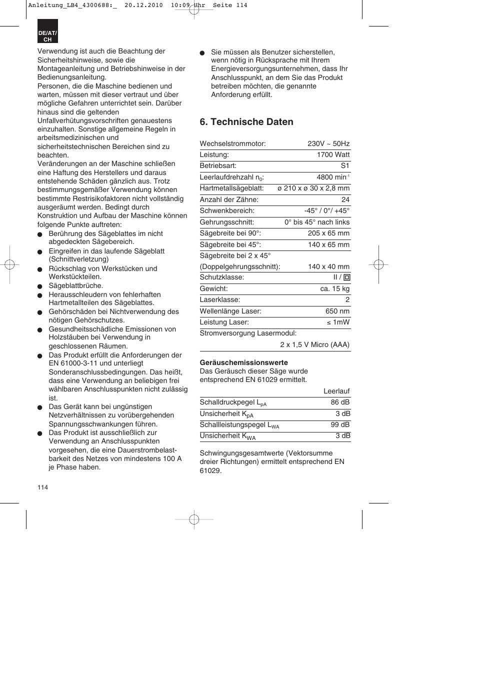 Technische daten | Parkside PKS 1700 A1 User Manual | Page 114 / 124