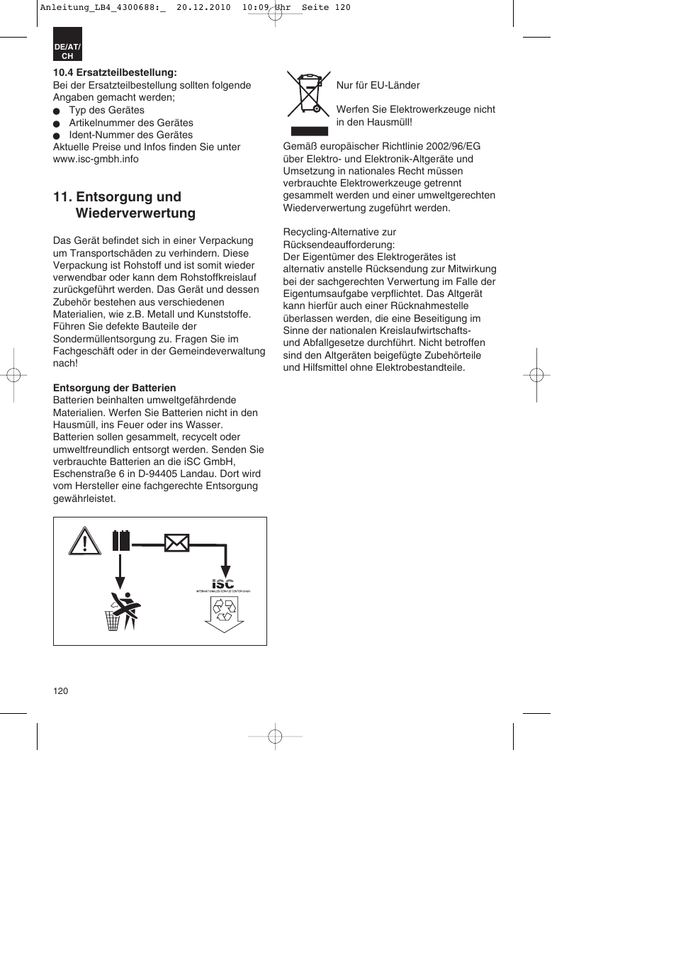 Entsorgung und wiederverwertung | Parkside PKS 1700 A1 User Manual | Page 120 / 124