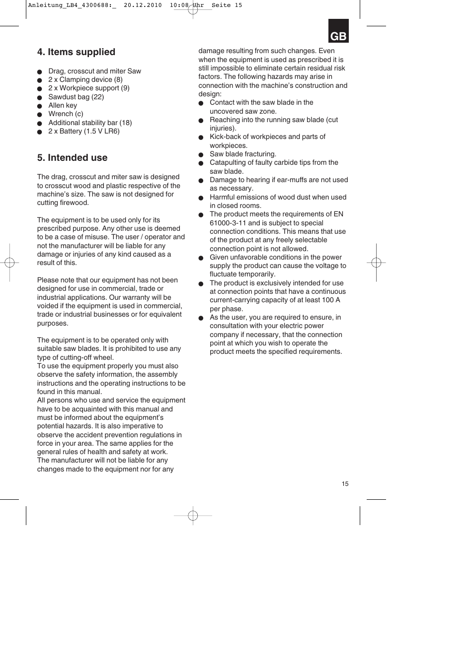 Items supplied, Intended use | Parkside PKS 1700 A1 User Manual | Page 15 / 124