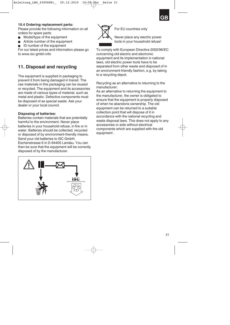 Disposal and recycling | Parkside PKS 1700 A1 User Manual | Page 21 / 124