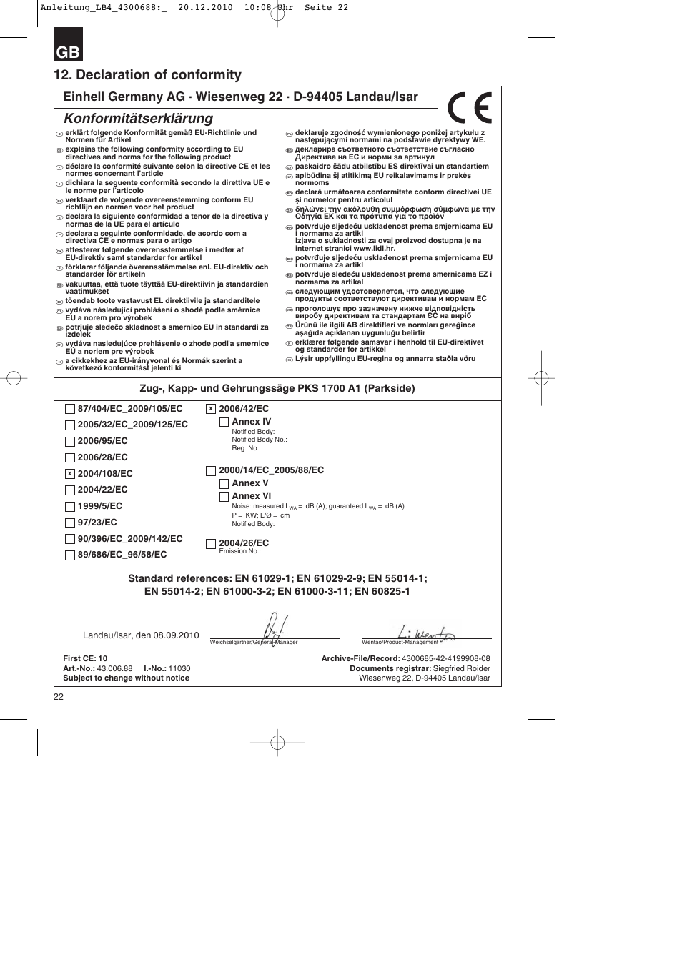 Declaration of conformity, Konformitätserklärung | Parkside PKS 1700 A1 User Manual | Page 22 / 124