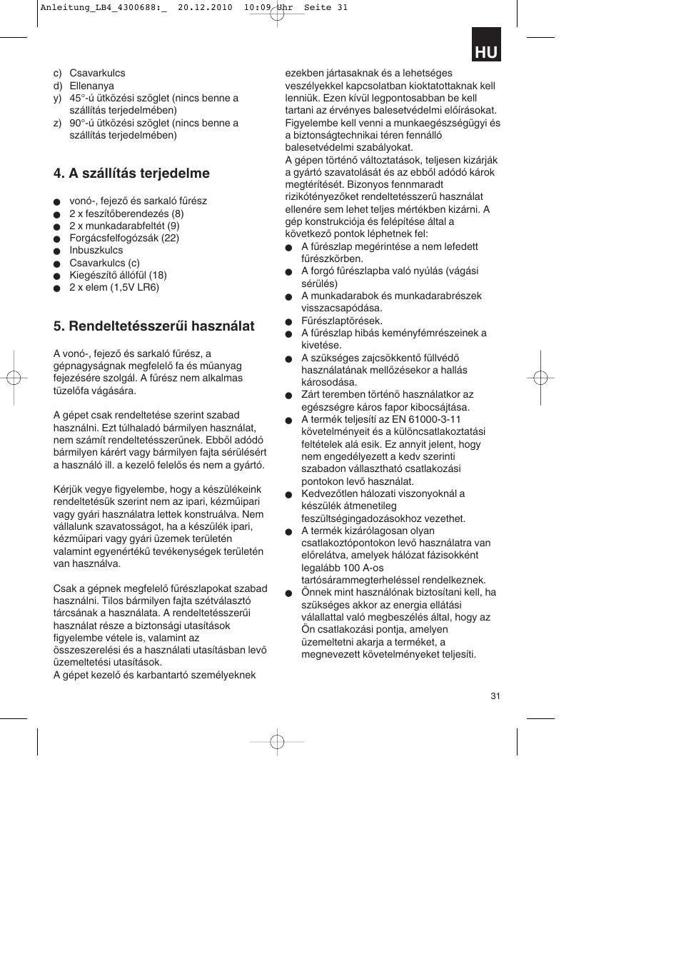 A szállítás terjedelme, Rendeltetésszerűi használat | Parkside PKS 1700 A1 User Manual | Page 31 / 124