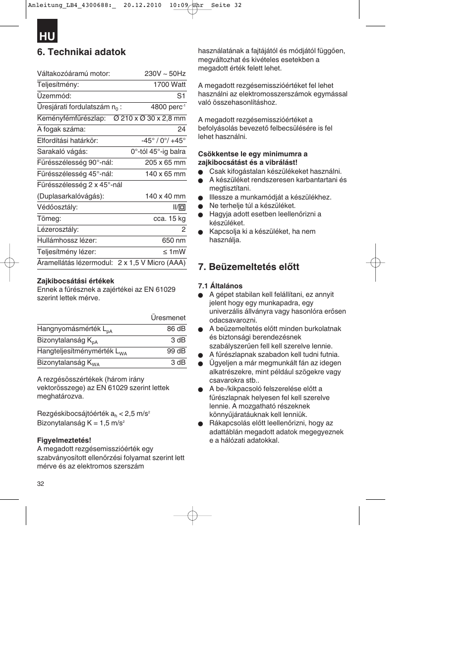 Technikai adatok, Beüzemeltetés előtt | Parkside PKS 1700 A1 User Manual | Page 32 / 124
