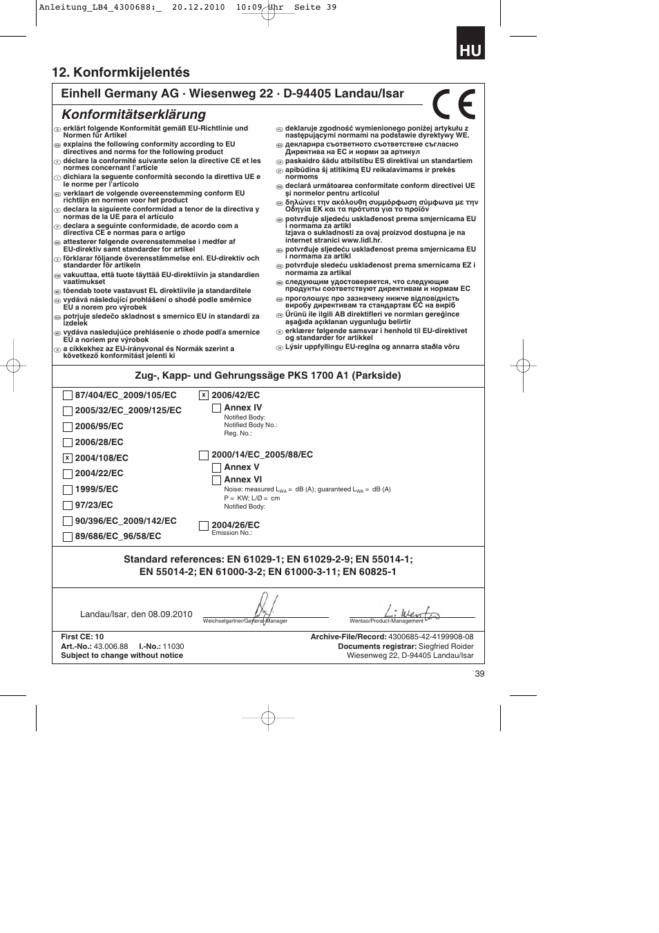 Konformkijelentés, Konformitätserklärung | Parkside PKS 1700 A1 User Manual | Page 39 / 124