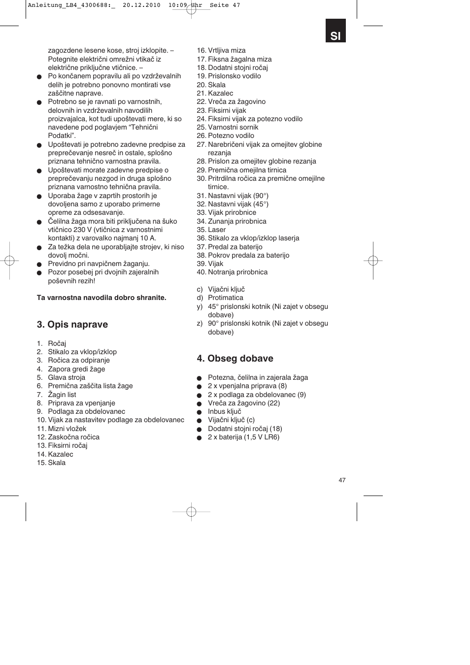 Opis naprave, Obseg dobave | Parkside PKS 1700 A1 User Manual | Page 47 / 124