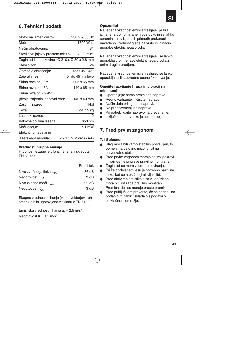 Tehnični podatki, Pred prvim zagonom | Parkside PKS 1700 A1 User Manual | Page 49 / 124