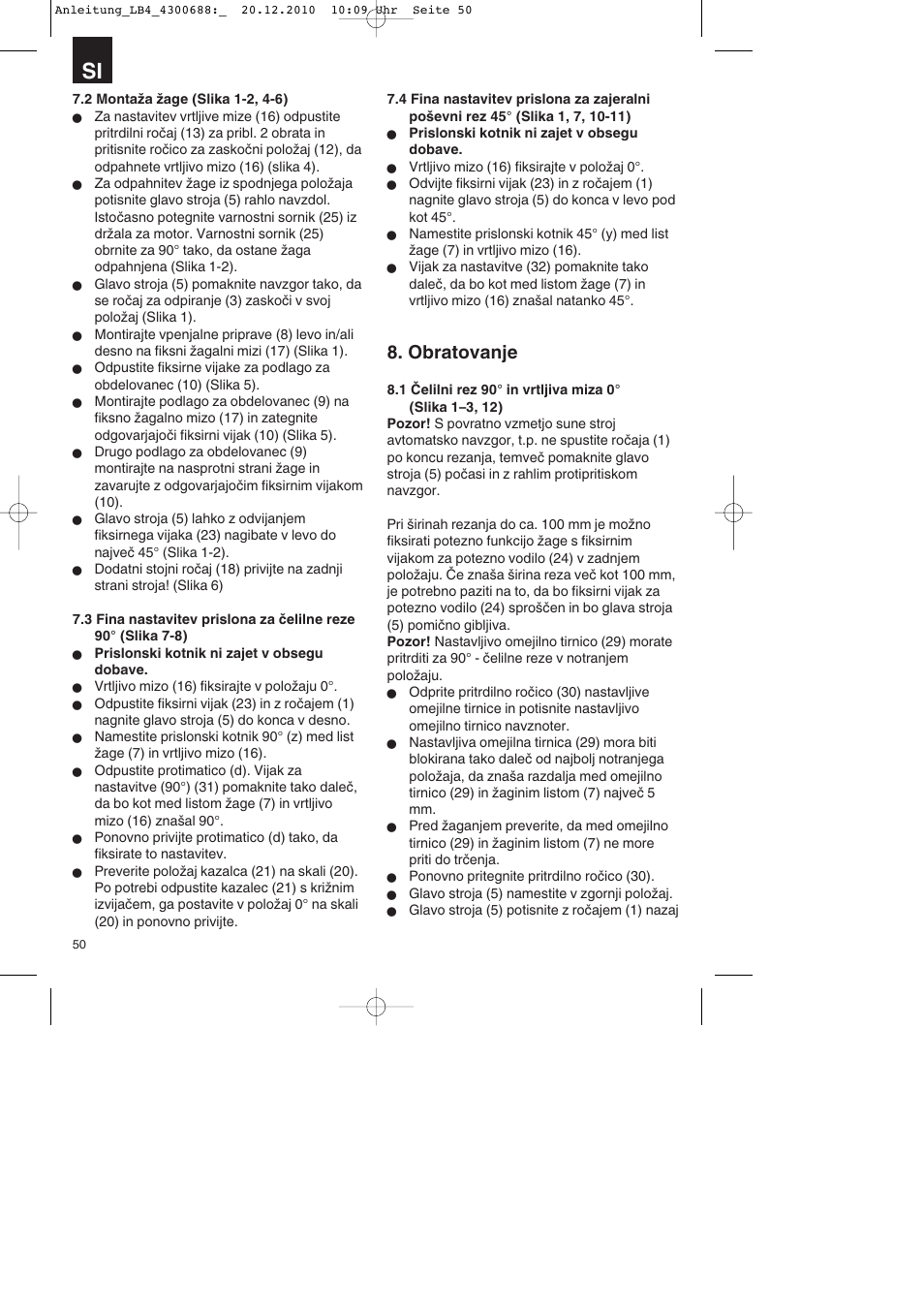 Obratovanje | Parkside PKS 1700 A1 User Manual | Page 50 / 124