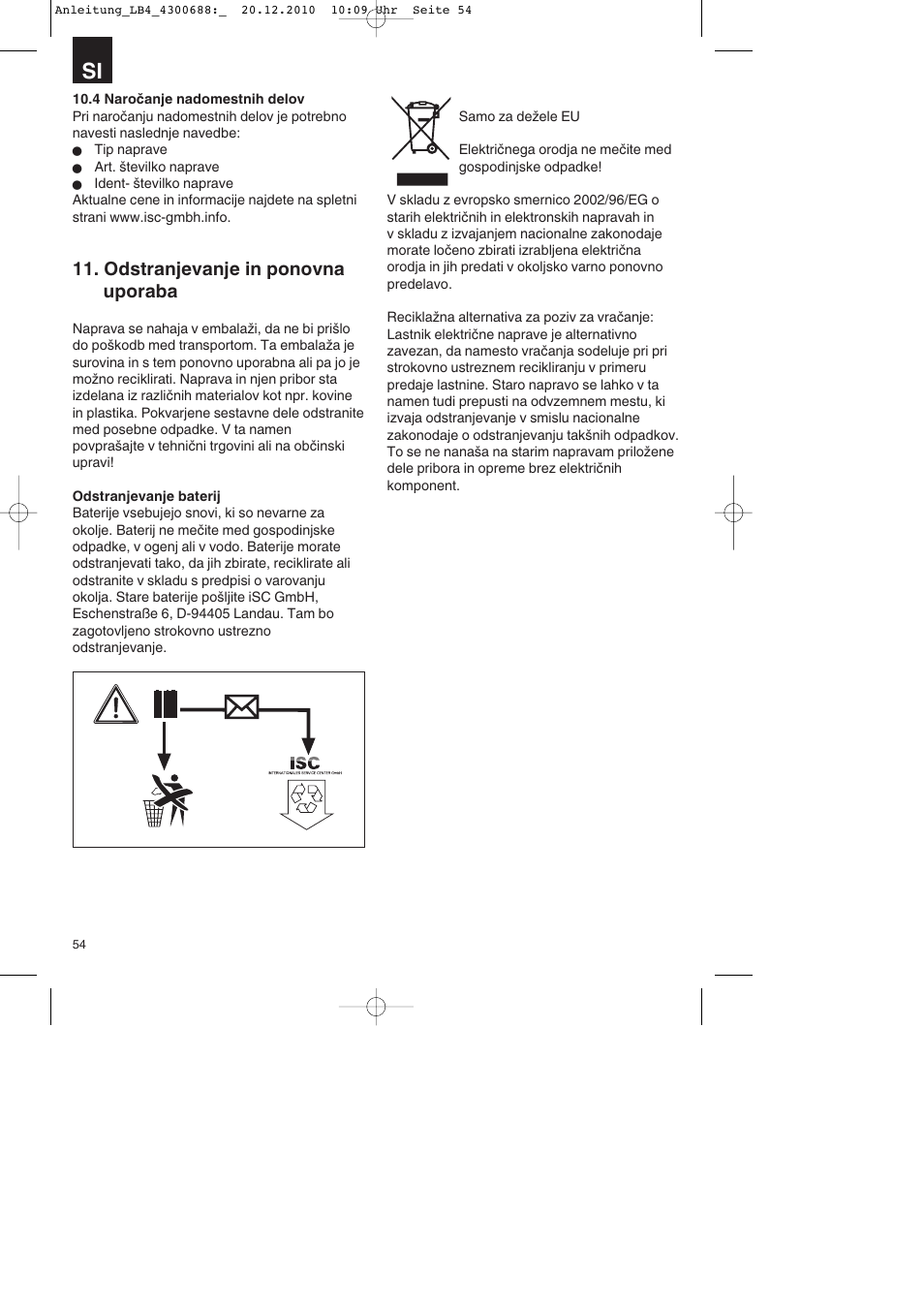 Odstranjevanje in ponovna uporaba | Parkside PKS 1700 A1 User Manual | Page 54 / 124